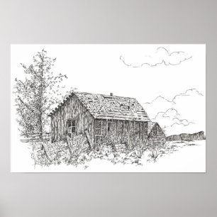 Old House Black White Ink Pen Drawing Poster