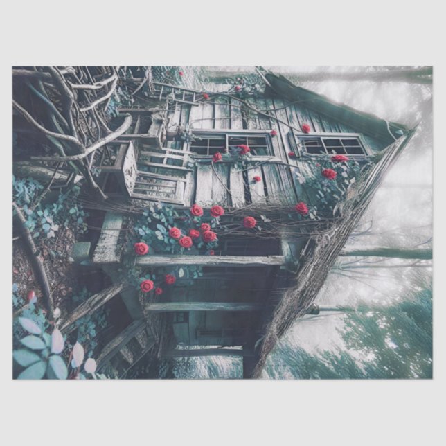 Old House in the Woods with Roses Decoupage  Tissue Paper (Front)