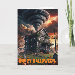 old house in tornado halloween themed card