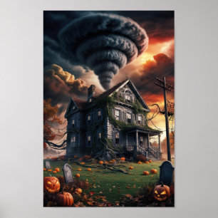 old house in tornado halloween themed poster