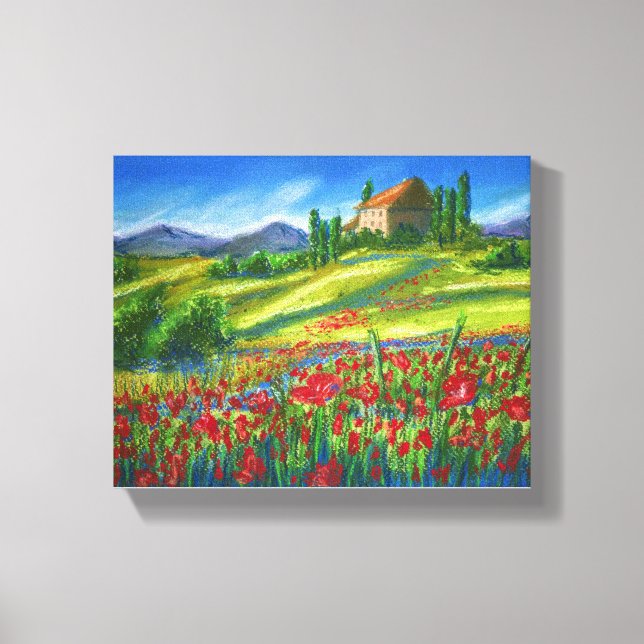 Old house near poppy field. Stretched Canvas Print (Front)