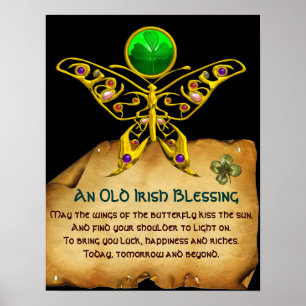 Old Irish Blessing Parchment with Gold Butterfly Poster