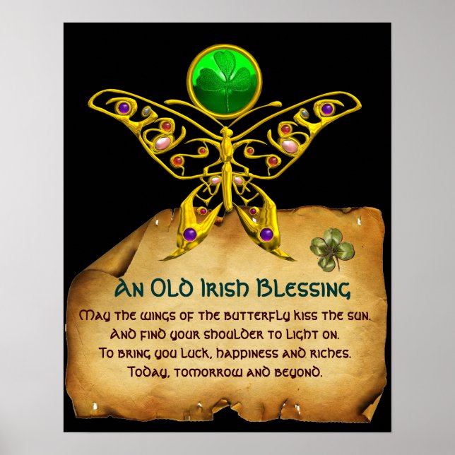 Old Irish Blessing Parchment with Gold Butterfly Poster (Front)