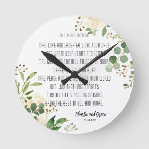 Old Irish Blessing & Wedding Greenery  Round Clock