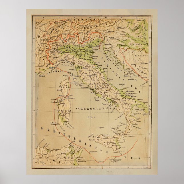 Old Italy Physical Map (1881)  Poster (Front)
