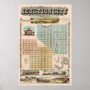 Old Junction City Kansas Map (1870) Vintage KS  Poster