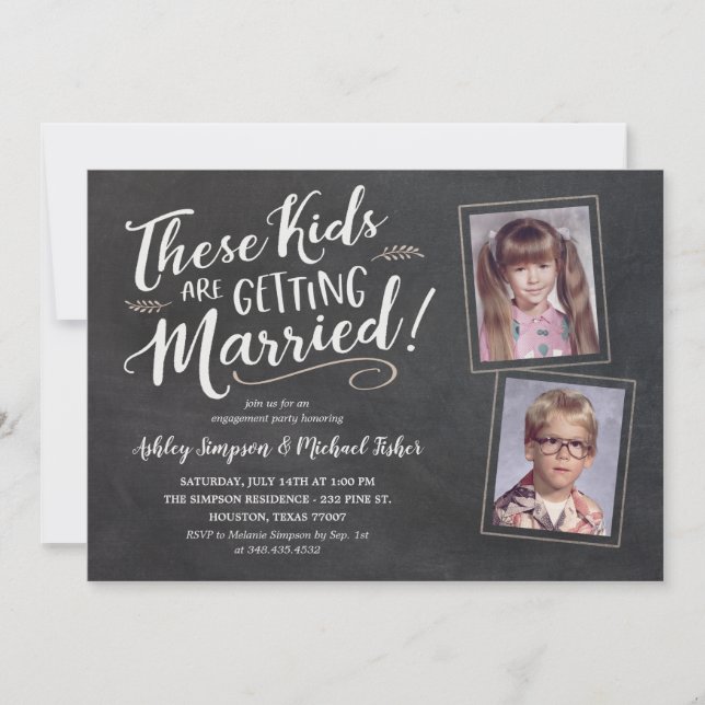 Old Kids Photos Engagement Party Hand Lettering In Invitation (Front)