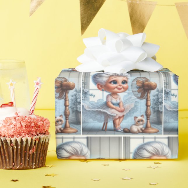 Old Lady Cooling Off In Front of a Retro Fan Wrapping Paper (Birthday Party)