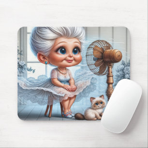 Old Lady Cooling Off In Front of an Old Fan Mouse Pad