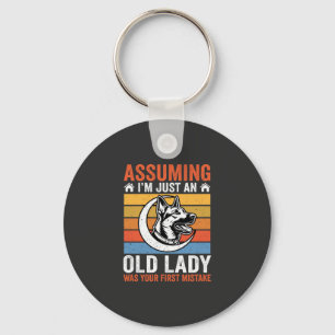 Old Lady Dog Warning Retro Keychain
