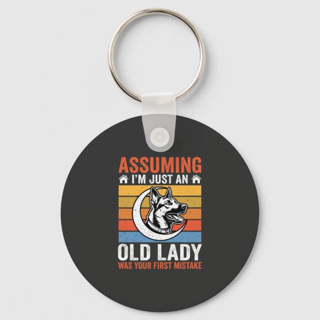 Old Lady Dog Warning Retro Keychain (Front)