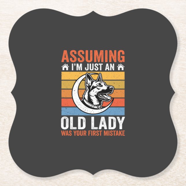 Old Lady Dog Warning Retro Paper Coaster (Front)