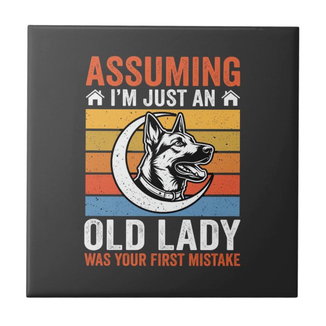 Old Lady Dog Warning Retro Tile (Front)