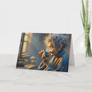 Old Lady Drinking Morning Coffee Card