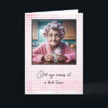 Old Lady Getting Old Humour  Card<br><div class="desc">An elderly woman with pink curlers in her hair and a pink robe is holding a steaming cup for getting old birthday.
The frame background is a faded pink and white gingham pattern.
All text is editable.</div>