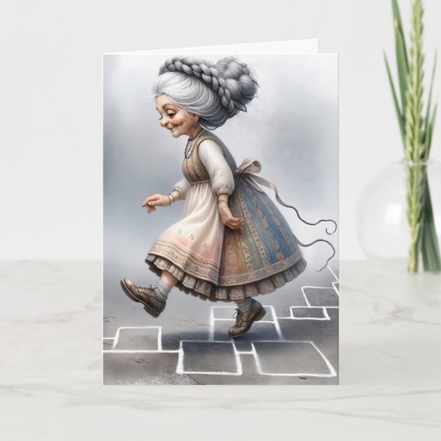 Old Lady On Hopscotch Grid Birthday Card (Front)