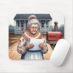 Old Lady Reading a Letter By a Mailbox Mouse Pad