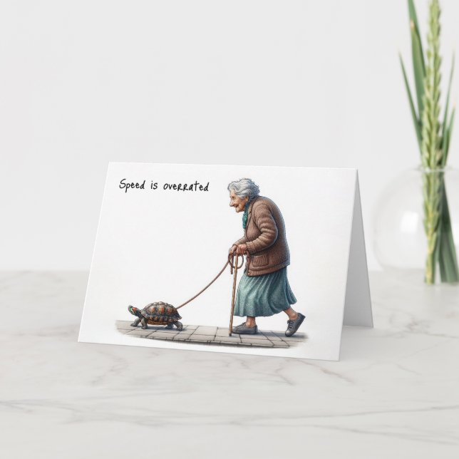 Old Lady Walking a Pet Turtle Card (Front)