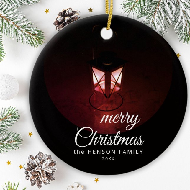 Old Lantern Light Merry Christmas Script Family Ceramic Ornament (Creator Uploaded)