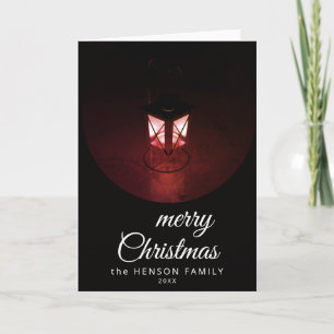 Old Lantern Light Merry Christmas Script Family Holiday Card