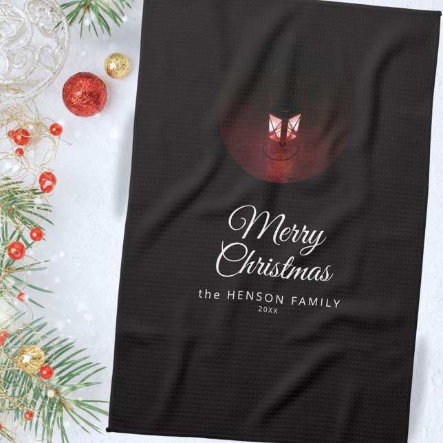 Old Lantern Light Merry Christmas Script Family Kitchen Towel (Creator Uploaded)