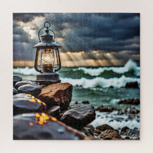 Old Lantern On Ocean Rocks Jigsaw Puzzle