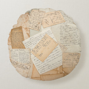 Old letters,  handwritings,  vintage postcards,  e round pillow