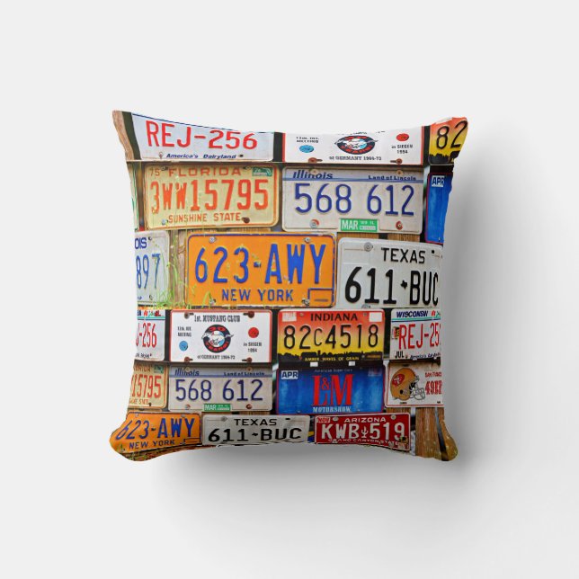 Old License Plates Throw Pillow (Front)