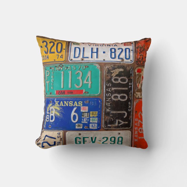 Old License Plates Throw Pillow (Front)