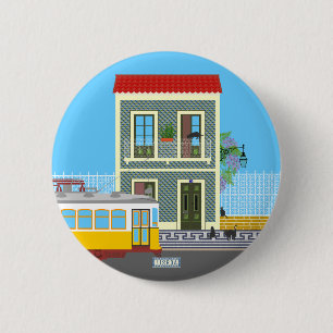 Old Lisbon house with cats and yellow tram 2 Inch Round Button