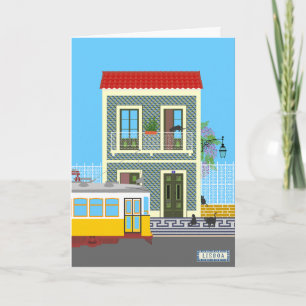 Old Lisbon house with cats  and yellow tram Card