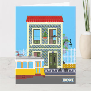 Old Lisbon house with cats  and yellow tram Card