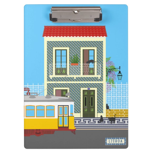 Old Lisbon house with cats  and yellow tram Clipboard (Front)