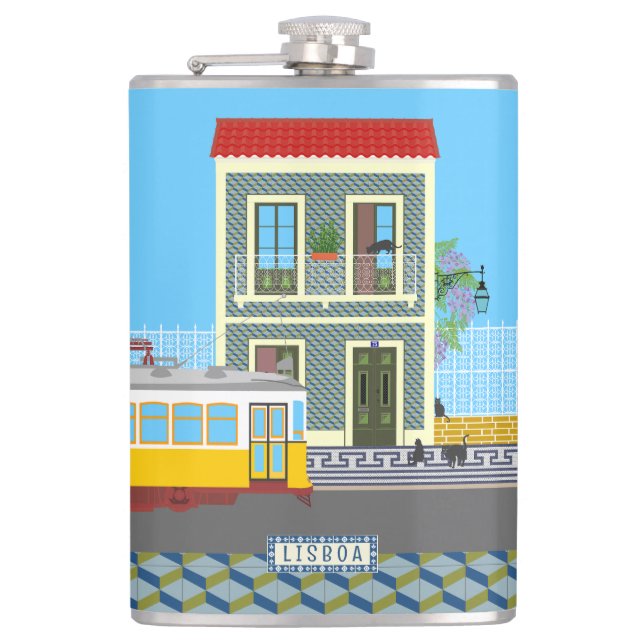 Old Lisbon house with cats  and yellow tram Hip Flask (Front)