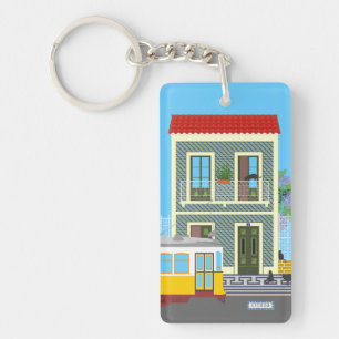 Old Lisbon house with cats and yellow tram Keychain