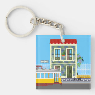 Old Lisbon house with cats and yellow tram Keychain