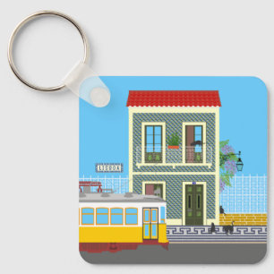 Old Lisbon house with cats  and yellow tram Keychain