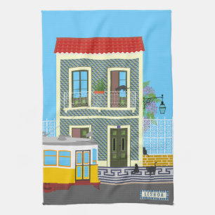Old Lisbon house with cats and yellow tram Kitchen Towel