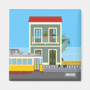 Old Lisbon house with cats  and yellow tram Magnet