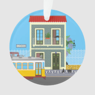 Old Lisbon house with cats and yellow tram Ornament