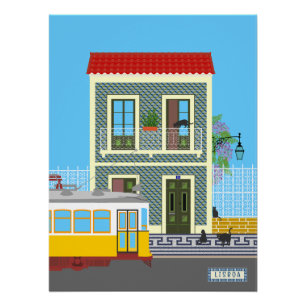 Old Lisbon house with cats  and yellow tram Poster