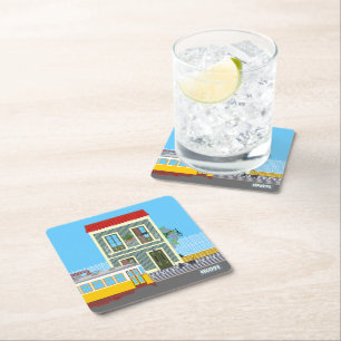 Old Lisbon house with cats  and yellow tram Square Paper Coaster