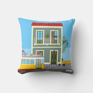 Old Lisbon house with cats  and yellow tram Throw Pillow