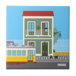 Old Lisbon house with cats and yellow tram Tile