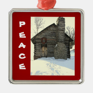"OLD LOG CABIN IN SNOW" CHRISTMAS ORNAMENT