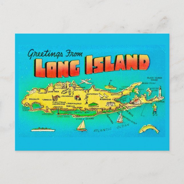 Old Long Island Illustrated Map Postcard (Front)