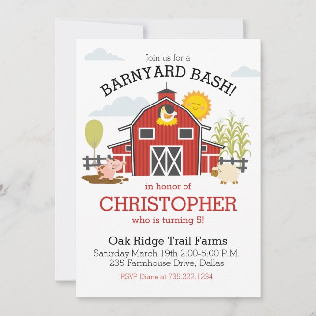 Old Macdonald Farm Barnyard Birthday Party Announcement (Front)