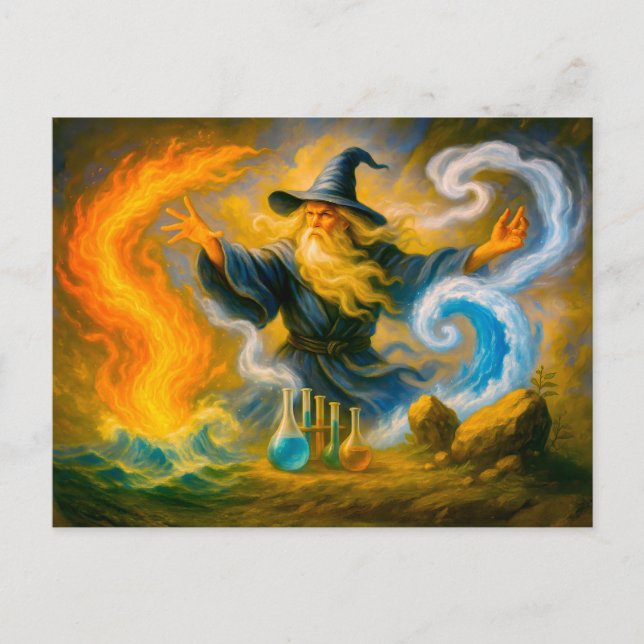 Old mage mastering the four elements in oil holiday postcard (Front)