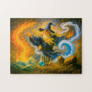 Old mage mastering the four elements in oil jigsaw puzzle