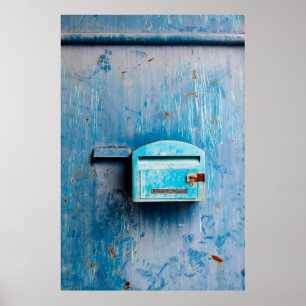 Old mail box on doorantique, background, blue, box poster